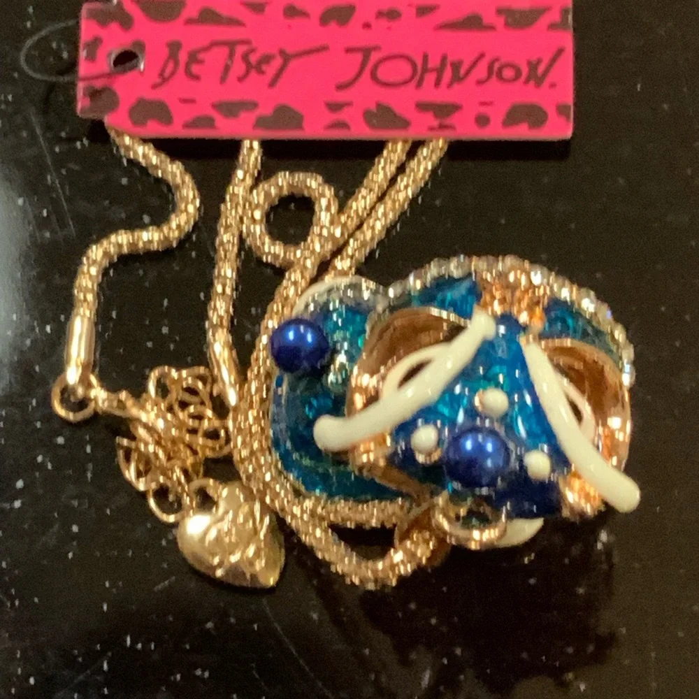 Betsey Johnson Necklace Foo Dog Blue Rhinestones Gold Tone #N551